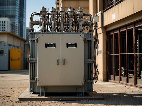 A transformer at an electrical substation. Transmission of electricity.