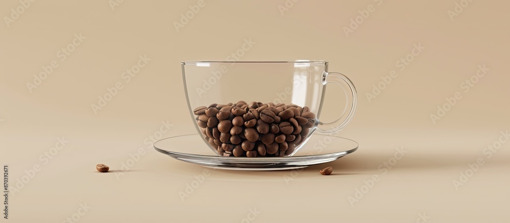 Poster a glass cup with coffee grains placed on a saucer, with ample empty space for an image.