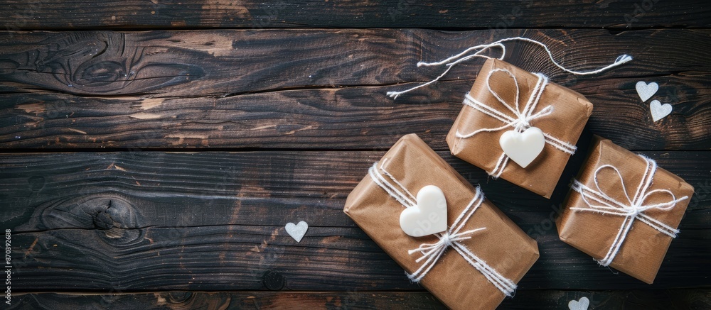 Aufkleber valentine's day concept displayed in a top-down photo of two gift boxes with white hearts on a woode