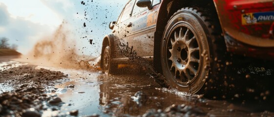 A rally car navigating a flooded dirt track, water and mud flying as the tire digs into the terrain during a race