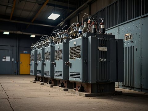 A transformer at an electrical substation. Transmission of electricity.