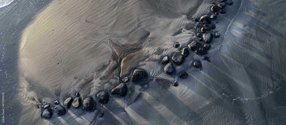 Aufkleber aerial view of a meandering line of black stones on a sandy beach, providing ample copy space for an