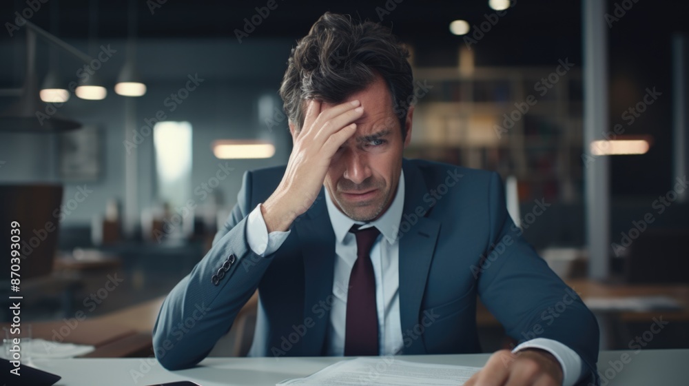 Poster a man in a suit is sitting at a desk with a piece of paper in front of him. he is looking at the pap