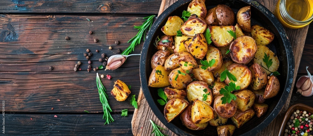Poster Top view of smashed roasted potatoes on a wooden surface with copy space image available.