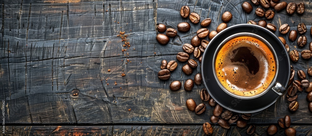 Poster Top view of coffee cup and beans on rustic table with copyspace image.