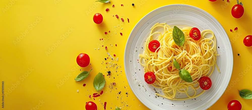 Poster plate with no food on a yellow surface adorned with pasta, tomatoes, and pepper creating a vibrant c