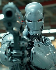 Fototapeta premium A close-up of a robot holding a gun. AI.