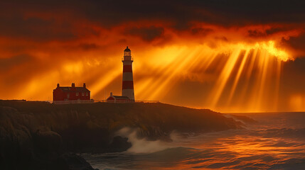Dramatic Sunset Over Coastal Lighthouse with Sun Rays Breaking Through Clouds.National Lighthouse Day