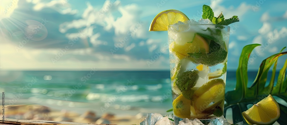 Poster invigorating mojito cocktail with a scenic copy space image.