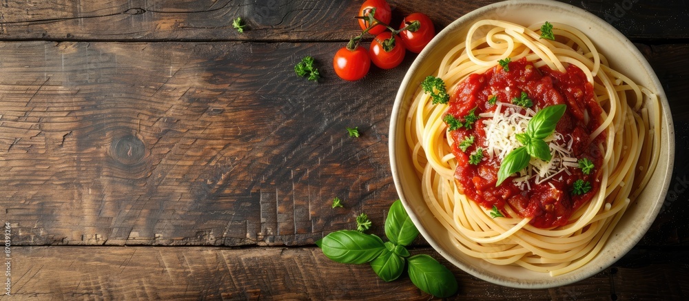 Aufkleber italian spaghetti topped with rustic tomato pasta sauce, perfect for a meal. a top view showing the 