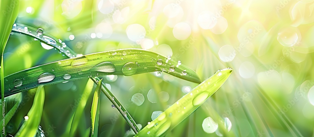Leinwandbilder fresh morning dew on a green grass leaf with a blurred background creating a serene and picturesque 