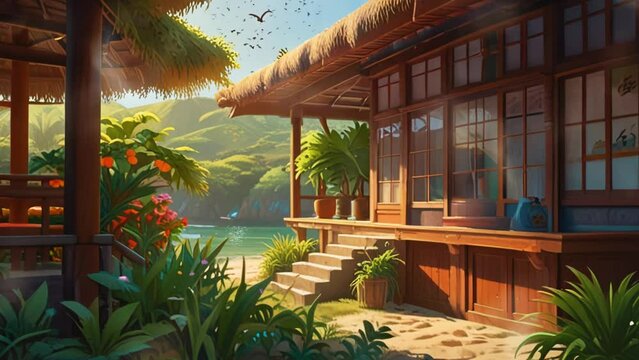 wooden house with thatched roof in asian style with beach background in anime style, in smooth looping background with 4K vidio animation.
