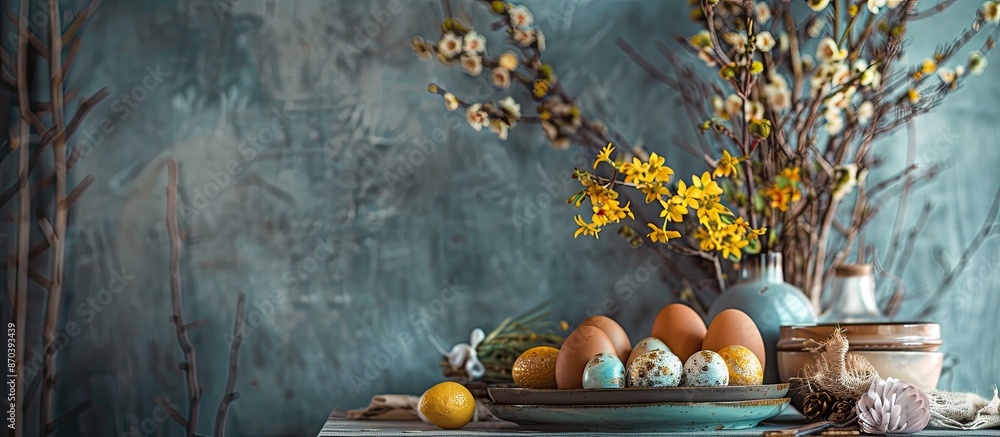 Aufkleber easter table setup on gray backdrop with holiday decorations, embodying the happy easter theme. incl
