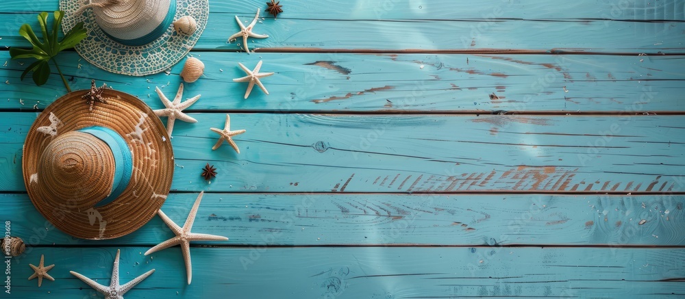 Poster Aerial shot of a seaside dock with blue planks and beach items arranged in a frame, featuring a background showing wood texture for a Summer Vacation theme with copy space image.