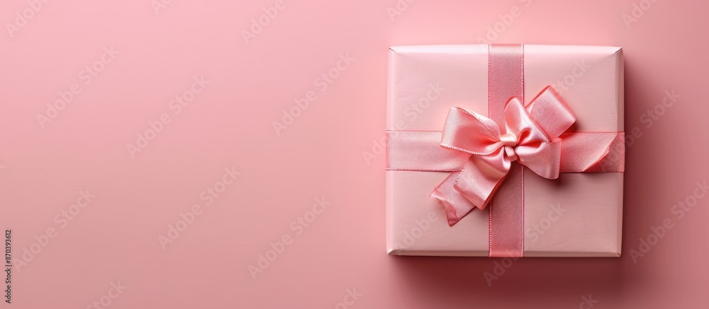 Aufkleber a gift box with a ribbon bow on a pink background with copy space image.