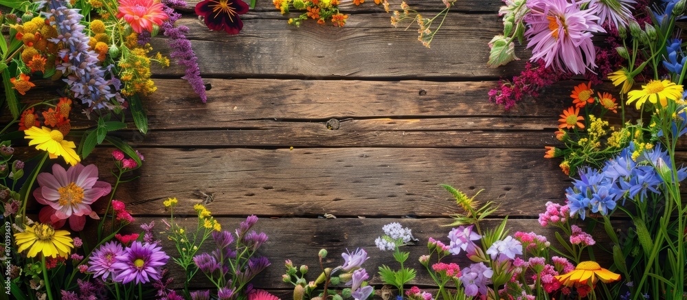 Poster An enchanting frame crafted from colorful flowers against a rustic wooden backdrop, ideal for a copy space image.