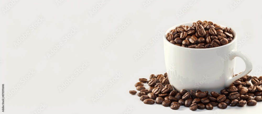 Poster coffee beans fill a white mug against a transparent backdrop in a copy space image.