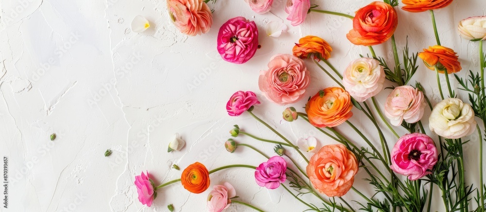 Poster a beautiful ranunculus bouquet displayed against a white backdrop with copy space image.