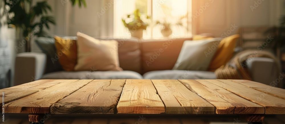 Poster Front view of an empty wooden table set against a blurred sofa with pillows in the background, creating a soft-focus effect, ideal as a template with copy space image.
