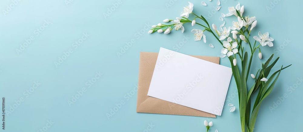 Aufkleber flat lay with a paper card and snowdrops on a light blue backdrop, providing room for text with a co