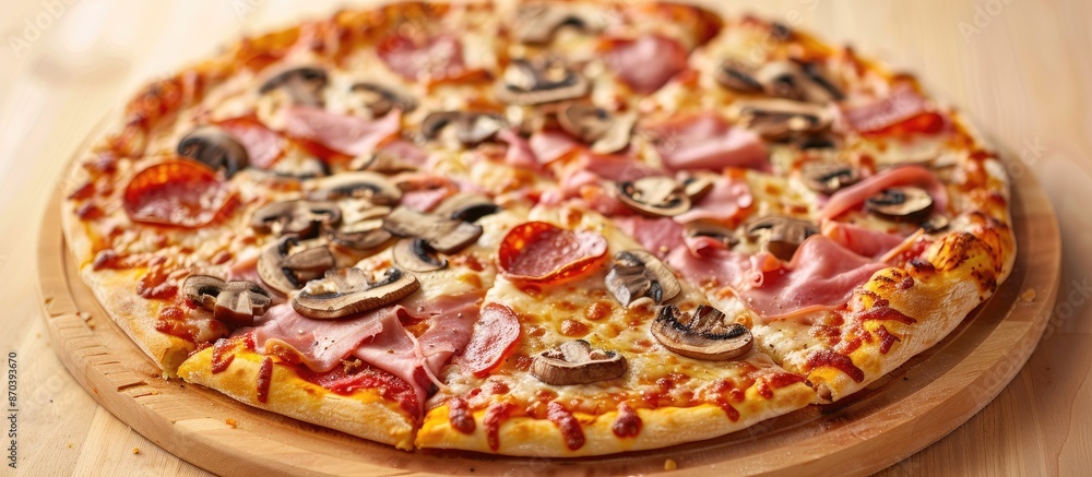 Poster selective focus on fresh-baked pizza with ham and mushrooms against a toning background in a copy sp