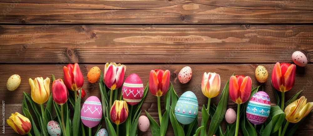 Canvas Prints Tulips and Easter eggs displayed on wooden planks with copy space image.