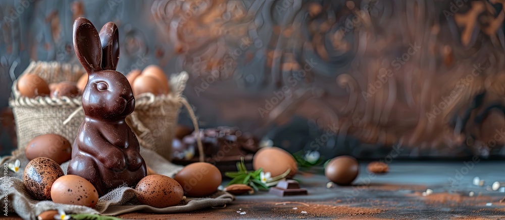 Poster delicious easter treats like chocolate bunny and eggs against a rustic backdrop with copy space imag