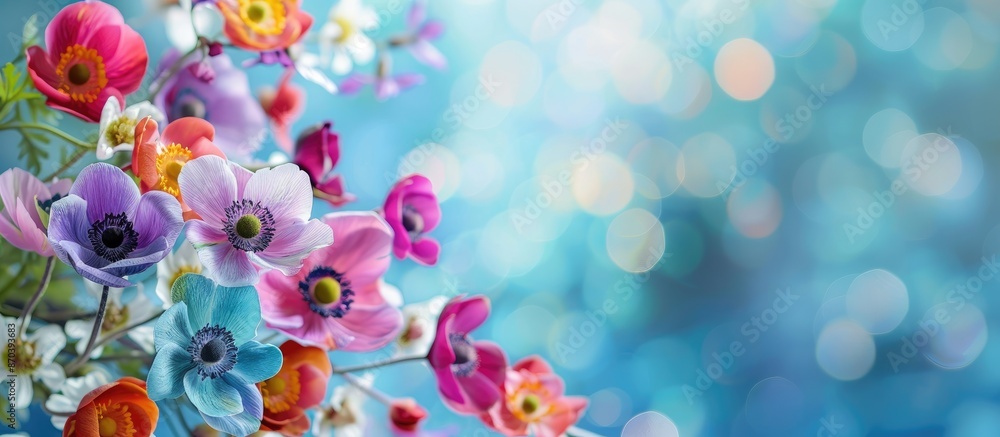 Poster vivid anemones create a colorful border around a fresh bouquet against a blue bokeh background with 