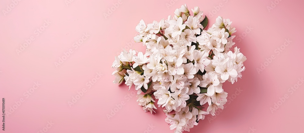 Poster top-down view of a white flower bouquet against a pink backdrop with space for text or images, conve