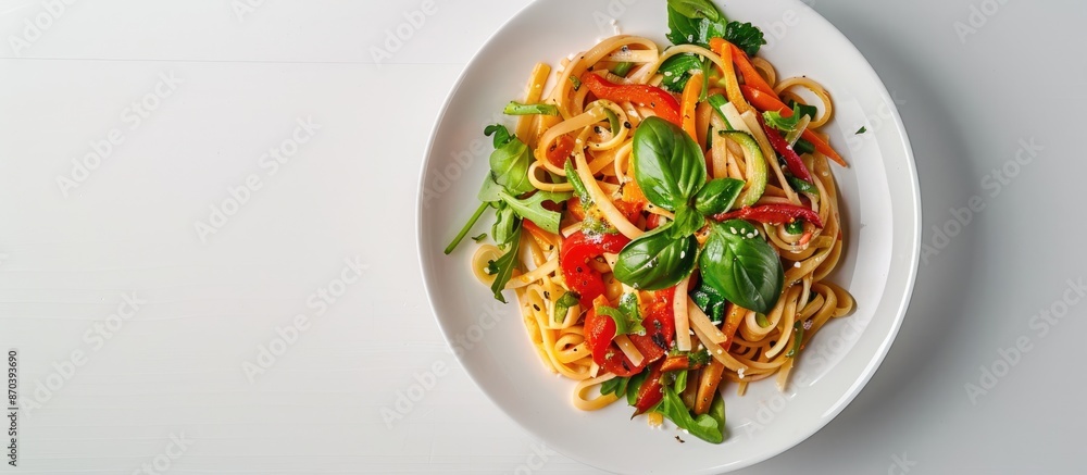 Poster a dish of pasta topped with a colorful medley of vegetables and savory sauce on a clean white plate 