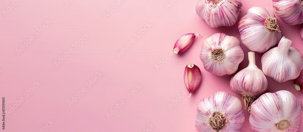 Aufkleber top view copy space image of organic garlic bulbs on a pink background with soft reflections, embody