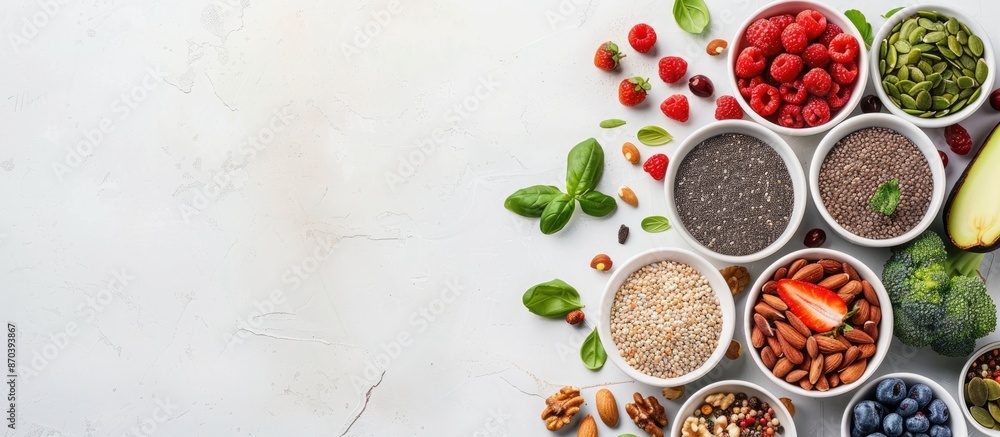 Aufkleber Top view of a variety of superfoods arranged neatly on a light background, emphasizing a balanced diet and clean eating concept with available copy space image.