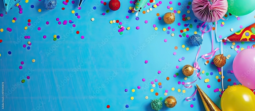 Poster Colorful party accessories laid out in a composition with ample space for text on the background, ideal for a copy space image.