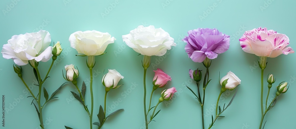 Poster beautiful summer flowers - white, pink, and violet eustoma set on a green and blue background with a