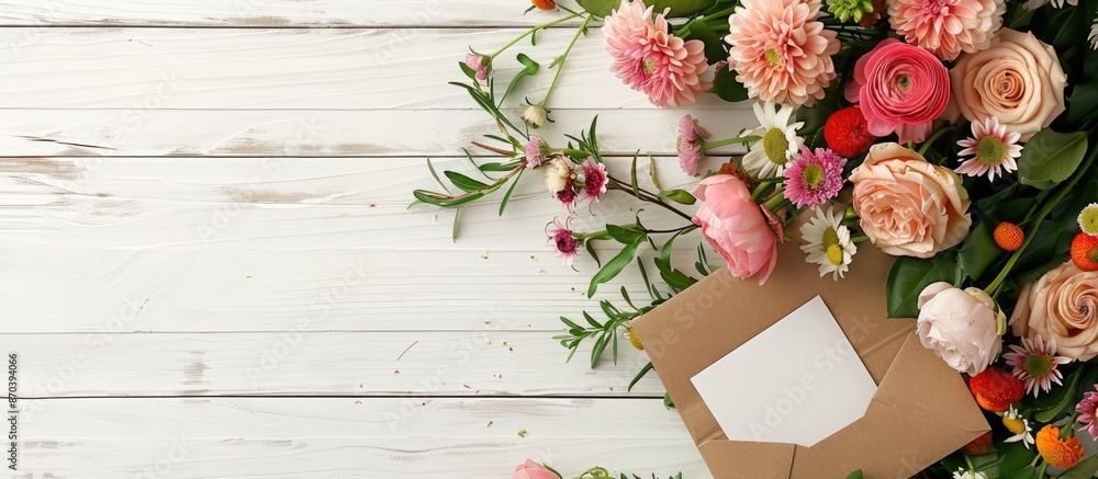 Poster celebrate mother's day with a stunning arrangement of flowers and an empty card, elegantly displayed