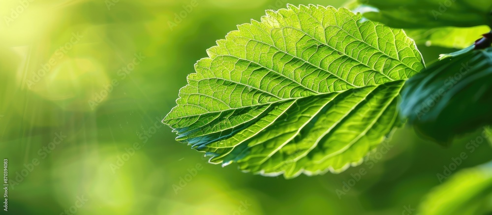 Sticker A lovely close-up of a vibrant green leaf against a blurred green backdrop with sunlight, ideal as a natural ecology summer background and fresh wallpaper, featuring copy space image.