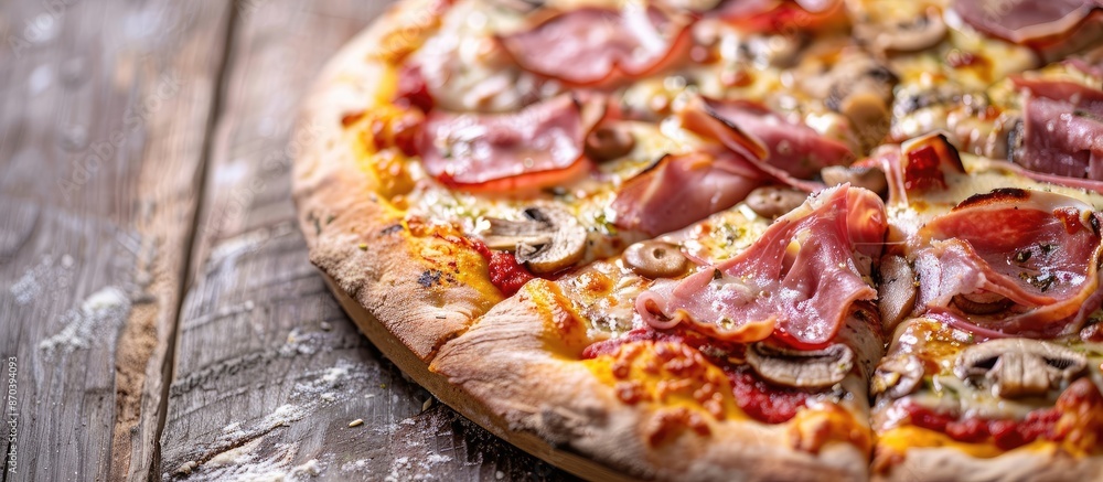 Aufkleber selective focus on fresh-baked pizza with ham and mushrooms against a toning background in a copy sp
