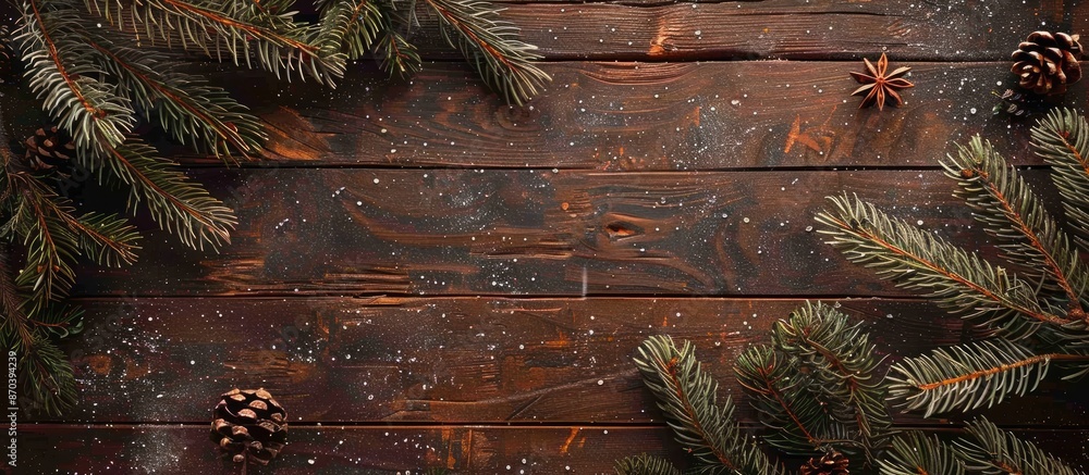 Poster Wooden Christmas background adorned with fir branches and favorable for inserting an image in the blank space provided. copy space available