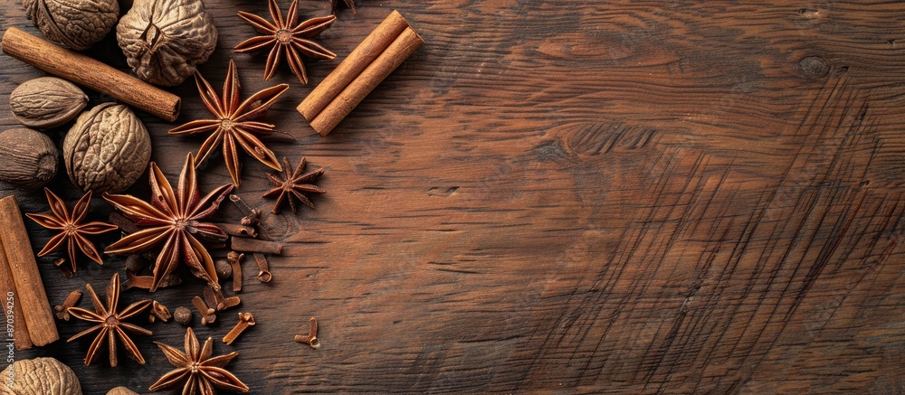 Poster Aromatic anise star and nutmeg placed on a wooden surface with cinnamon sticks, creating a visually appealing copy space image.