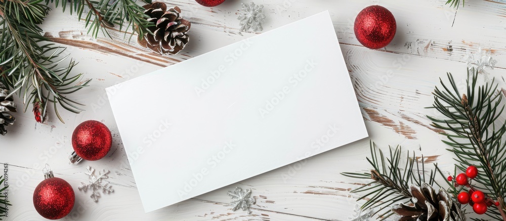 Poster a white card is displayed against a backdrop of fir branches with cones and christmas ornaments on a