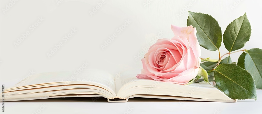 Poster a white background features an open book with a pink rose atop it, creating a serene and elegant cop