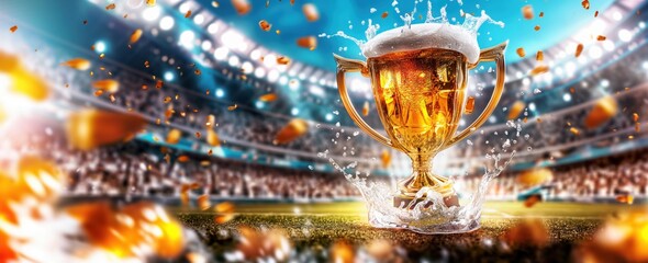 Shining golden trophy filled with foamy beer stands tall on the green grass of a soccer stadium with golden confetti. Champions Celebration