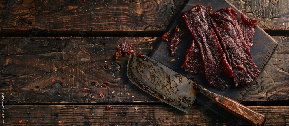 Poster Top view of meat jerky displayed on a butcher's cleaver against a dark wooden backdrop with space for adding text or images. copy space available