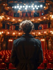 Obraz premium A woman standing on a stage looking at the empty seats. AI.