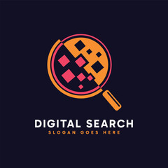 Digital Search logo design. Abstract magnifying glass combined with digital and tech element. Vector logo illustration.