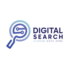 Digital Search logo design. Abstract magnifying glass combined with digital and tech element. Vector logo illustration.