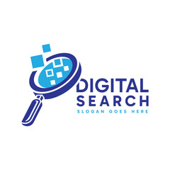 Digital Search logo design. Abstract magnifying glass combined with digital and tech element. Vector logo illustration.