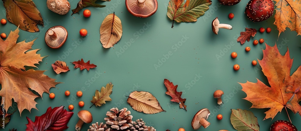 Poster Top view flat lay with a frame crafted from autumn leaves and mushrooms on a soft green backdrop, ideal for a copy space image.