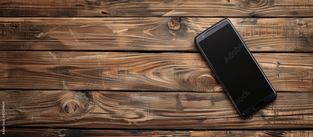 Poster smartphone on a wooden table with copy space image.