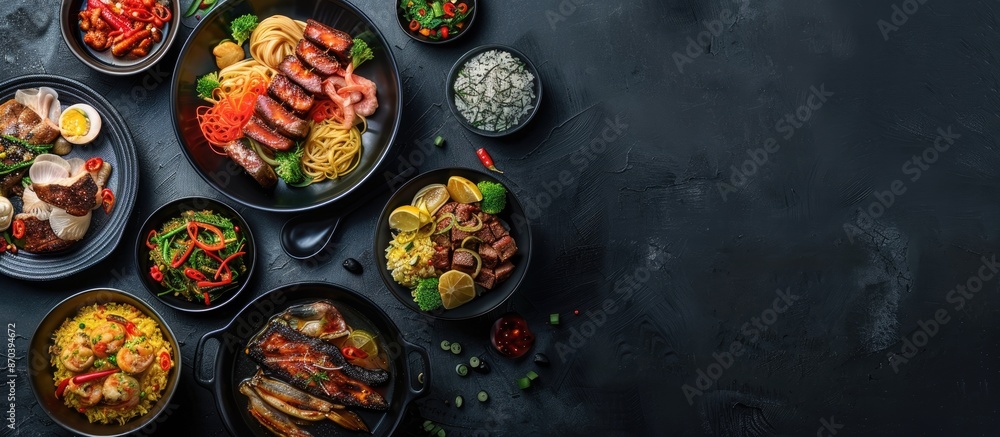 Poster Dark background showcases a variety of dishes in a panoramic view with ample copy space image.